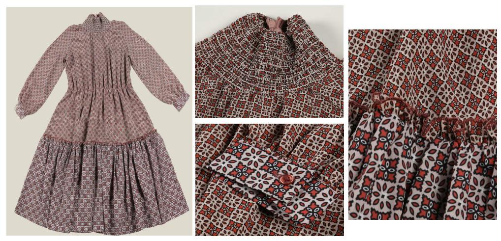 Toddle Children Clothing Girl Kids Woven Burgundy Print Dress Wear with Merrow Decorative Stitching