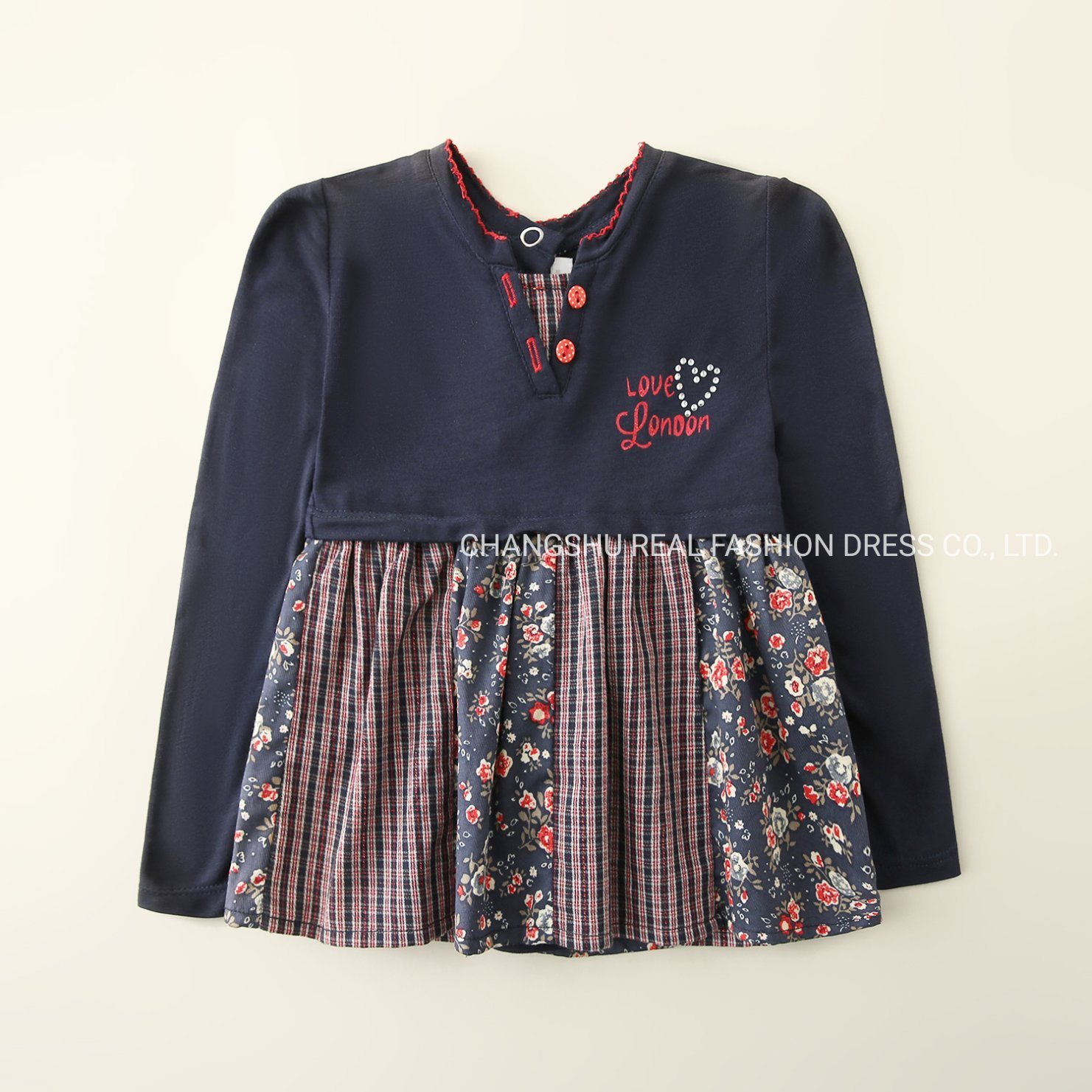 Children Kids Clothes Girl Knit Solid and Woven Printing Dress with Print and Hot Drill