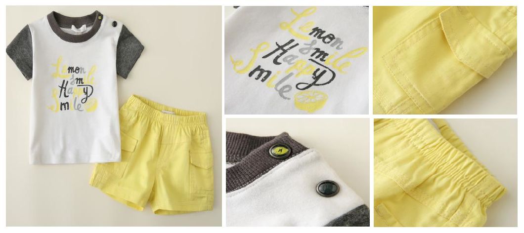 Infant Baby Kids 2022 Clothes Boy White Grey Top and Yellow Short Suit Clothes with Print