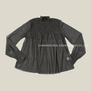 Children 2022 Clothes Kids Girl Black Thin Woven Top with Collar and Pleat at Yoke