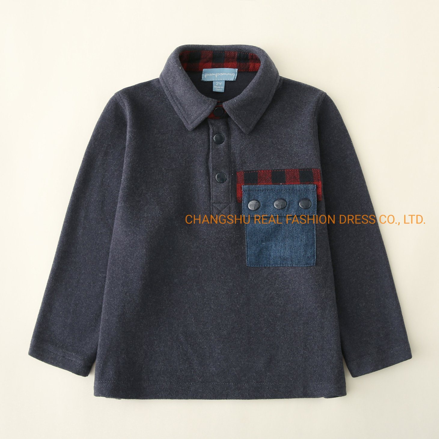 Children Clothes Boy Knitted Shirt with Contrast Pocket and Front Half Placket