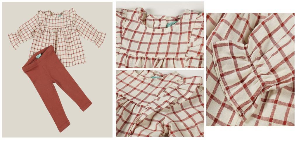 Children Clothes Infant Girl Baby Woven Rust Beige Plaid Top and Rust Legging Suit Wear