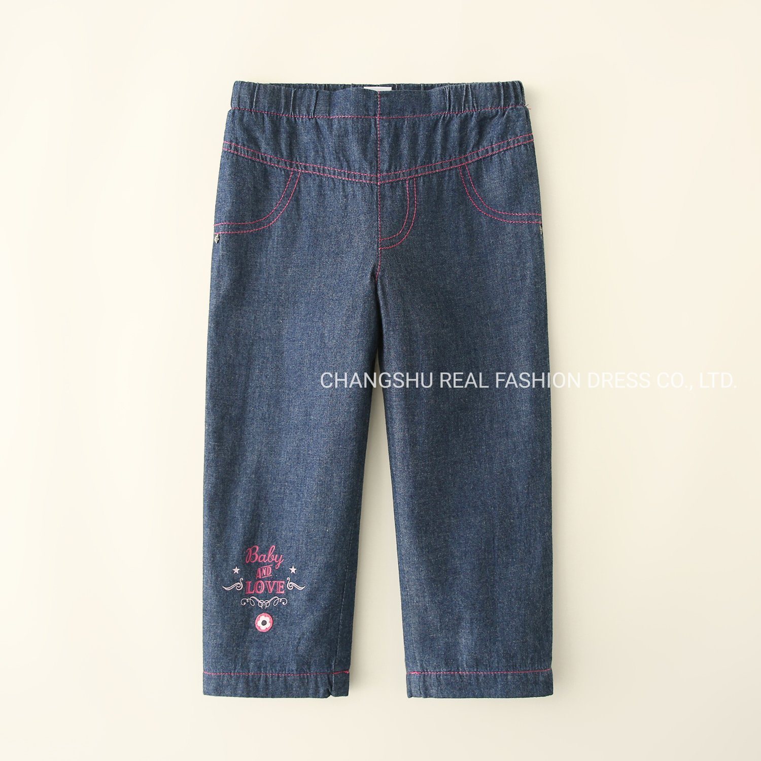 Girl Kids Denim Blue Pant Clothes Made of Print at Hem and Contrast Color Stitching