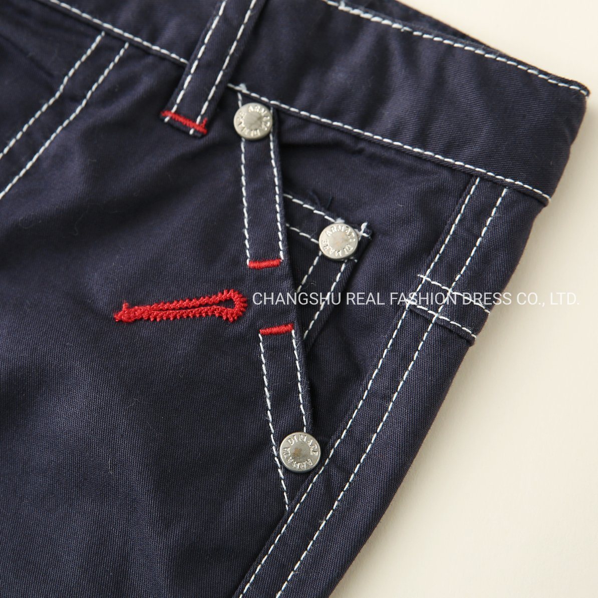 Boy Kids Navy Woven Straight Leg Pant Clothes Made of Decorative Metal Trims and Contrast Stitching