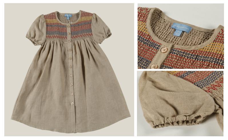 Toddle Children Clothing Girl Kids Woven Beige Dress Wear with Colorful Smoking Stitching