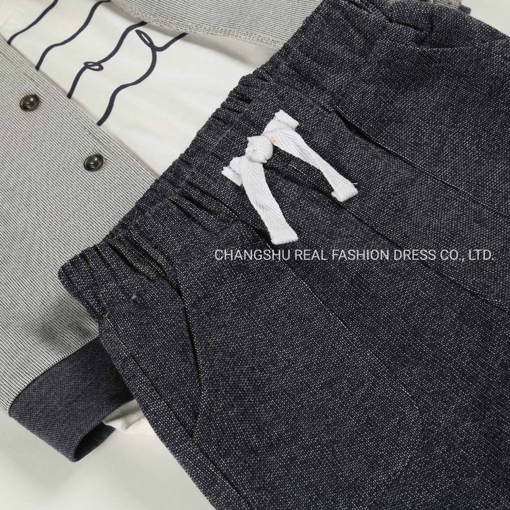 Boy Baby Suit Clothes Made of Grey Woven Jacket White Ground Stripe Print Knit T Shirt and Black Knit Pant