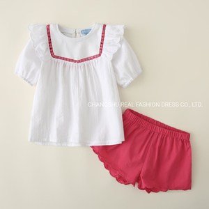 Girl Baby White Top and Red Short Suit Clothes with Embroidery and Pompom Tape Button Placket