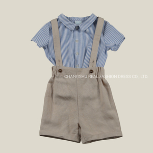 Boy Baby Woven Blue Striped T Shirt and Tan Suspender Pant Suit Clothes