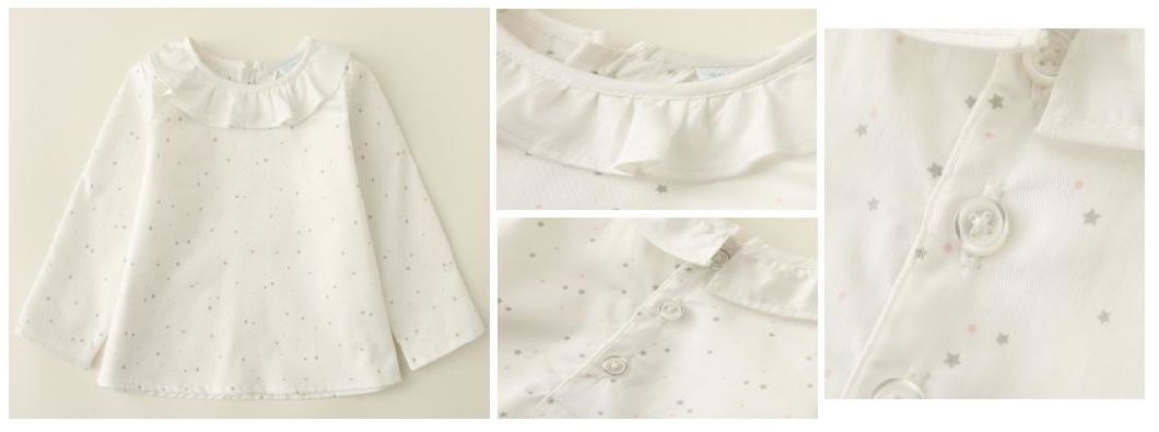 Girl Baby Ivory Ground Grey Pink Print Top Clothes with Ruffle Neck and Back Button Placket